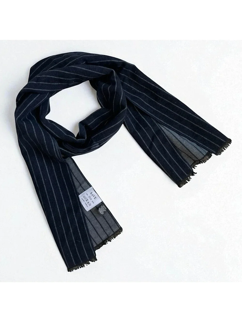 Save the Ocean Apparel Co. Navy Blue Striped Silk Blend Knit Scarf